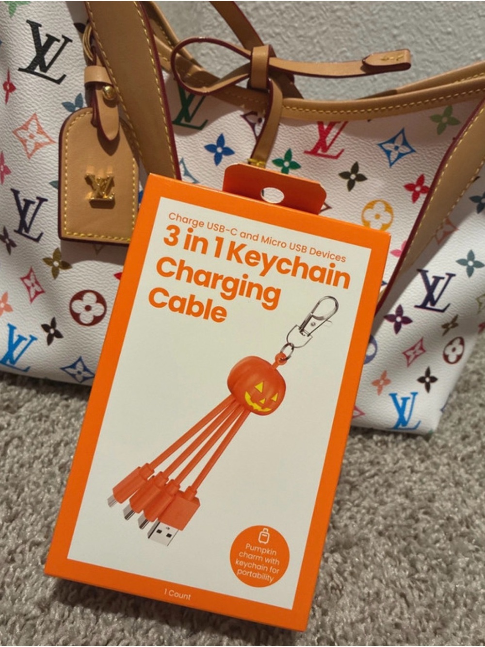 3-in-1 Keychain Charging Cable with Pumpkin Charm - Orange